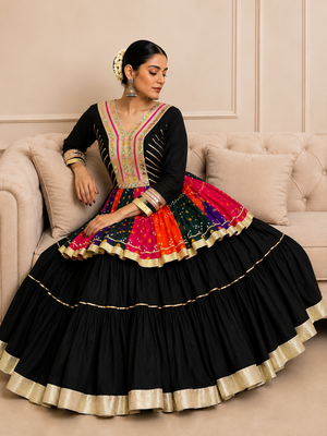 Black Navratri Cotton Gamthi Mirror Work Kediyu Lehenga 4