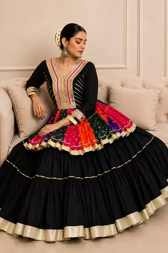 Black Navratri Cotton Gamthi Mirror Work Kediyu Lehenga