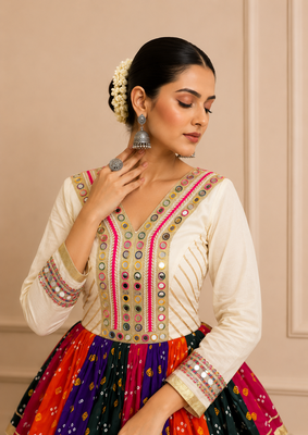 Off White Navratri Cotton Gamthi Mirror Work Kediyu Lehenga 3