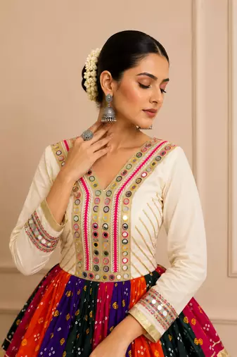 Off White Navratri Cotton Gamthi Mirror Work Kediyu Lehenga