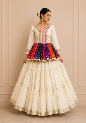 Off White Navratri Cotton Gamthi Mirror Work Kediyu Lehenga 4