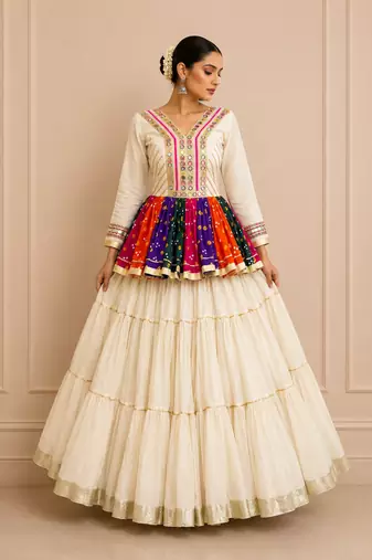 Off White Navratri Cotton Gamthi Mirror Work Kediyu Lehenga