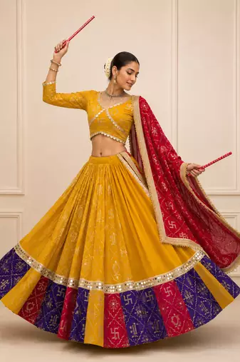 Mustard Navratri Fox Georgette Lehenga Choli with Vintage Dupatta