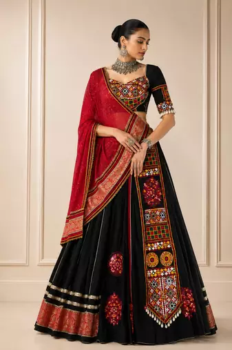 Navratri Black Kutchi Embroidery Lehenga Choli with Bandhej Dupatta