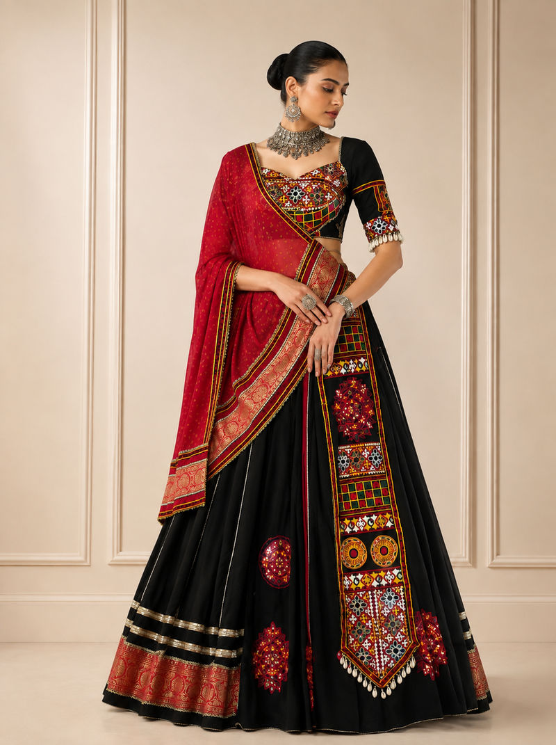 Navratri Black Kutchi Embroidery Lehenga Choli with Bandhej Dupatta