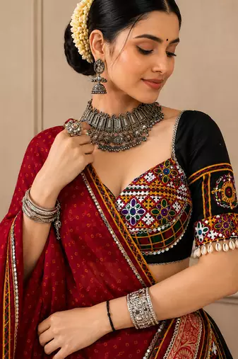 Navratri Black Kutchi Embroidery Lehenga Choli with Bandhej Dupatta