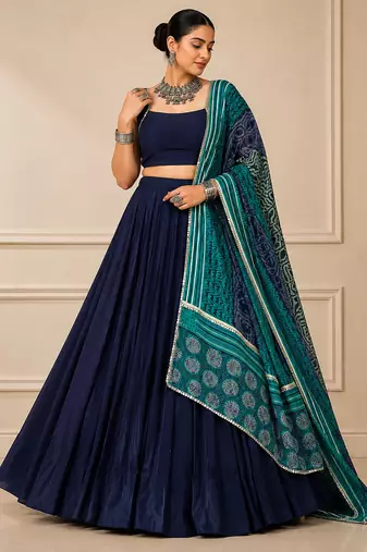 Blue Navratri Reyon Lehenga Choli with Mirror Lace Work