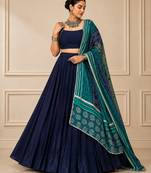 Blue Navratri Reyon Lehenga Choli with Mirror Lace Work