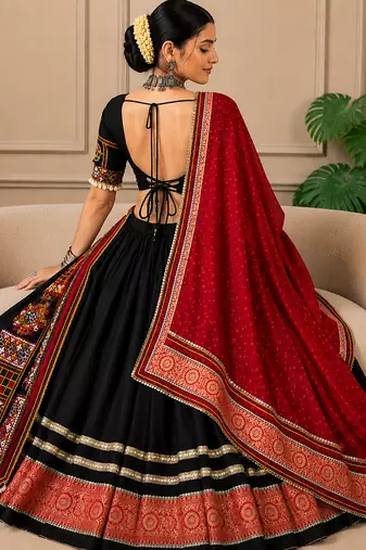 Navratri Black Kutchi Embroidery Lehenga Choli with Bandhej Dupatta