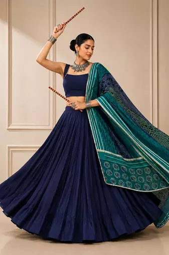 Blue Navratri Reyon Lehenga Choli with Mirror Lace Work