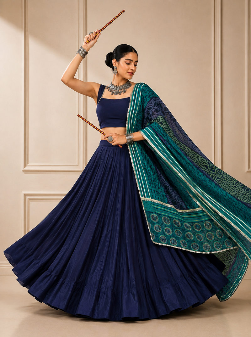 Blue Navratri Reyon Lehenga Choli with Mirror Lace Work