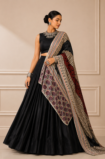 Black Navratri Reyon Lehenga Choli with Mirror Lace Work