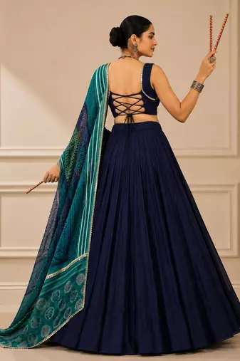 Blue Navratri Reyon Lehenga Choli with Mirror Lace Work