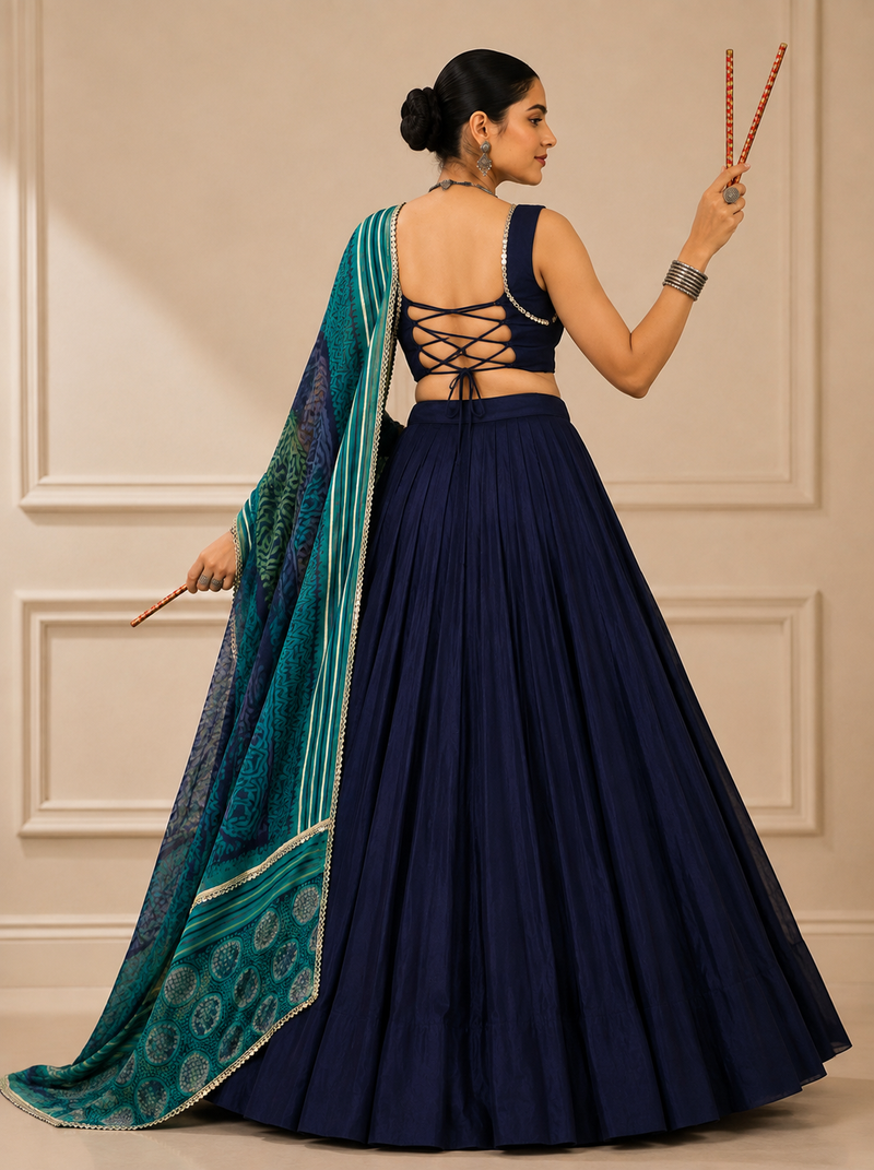 Blue Navratri Reyon Lehenga Choli with Mirror Lace Work