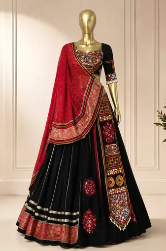 Navratri Black Kutchi Embroidery Lehenga Choli with Bandhej Dupatta
