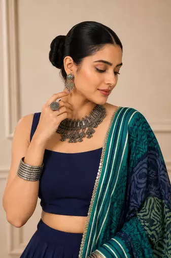 Blue Navratri Reyon Lehenga Choli with Mirror Lace Work