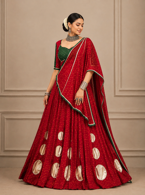 Navratri Red Bandhej Lehenga Choli with Gotta Work & Dola Silk Blend Blouse 1