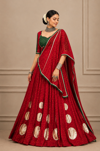 Navratri Red Bandhej Lehenga Choli with Gotta Work & Dola Silk Blend Blouse