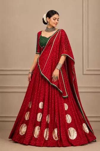 Navratri Red Bandhej Lehenga Choli with Gotta Work & Dola Silk Blend Blouse