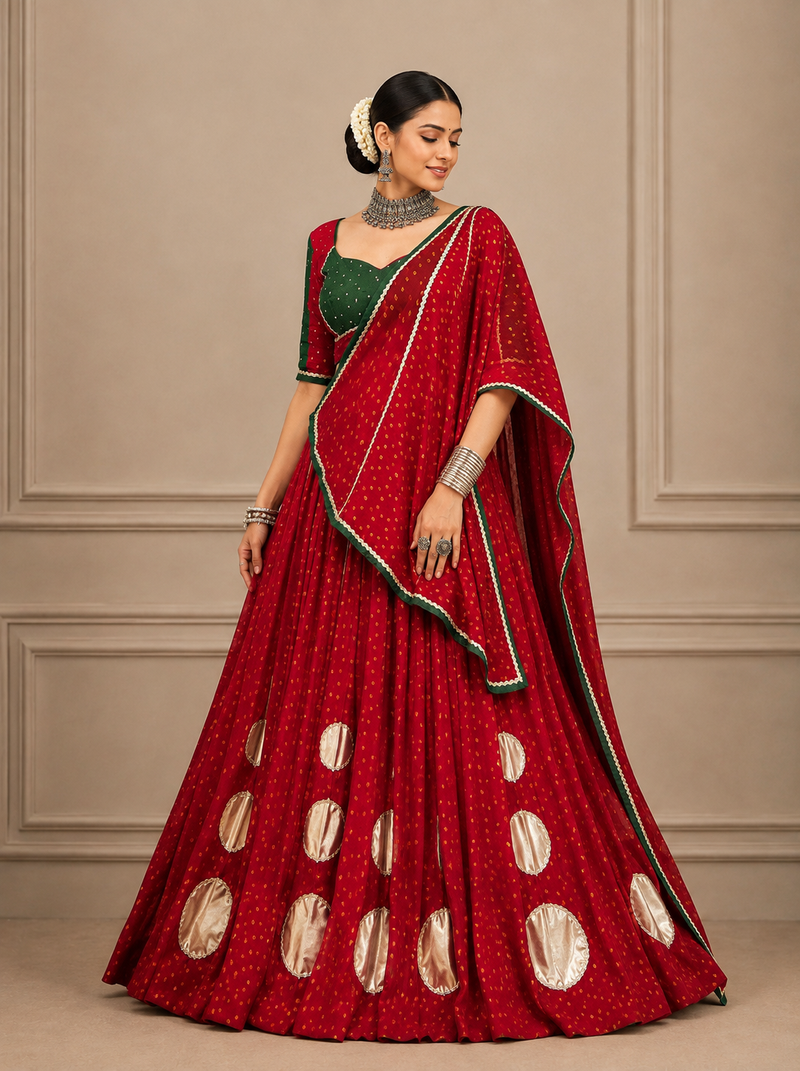 Navratri Red Bandhej Lehenga Choli with Gotta Work & Dola Silk Blend Blouse