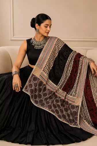 Black Navratri Reyon Lehenga Choli with Mirror Lace Work
