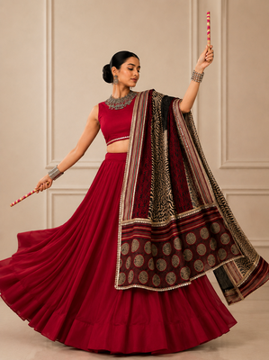 Maroon Navratri Reyon Lehenga Choli with Mirror Lace Work 2