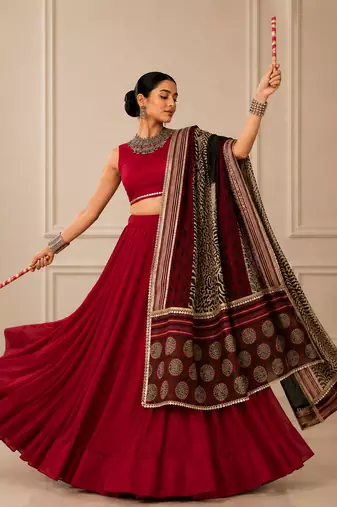 Maroon Navratri Reyon Lehenga Choli with Mirror Lace Work