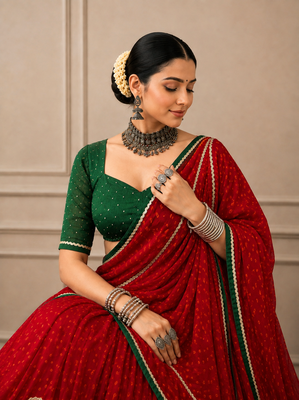 Navratri Red Bandhej Lehenga Choli with Gotta Work & Dola Silk Blend Blouse 2