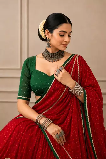 Navratri Red Bandhej Lehenga Choli with Gotta Work & Dola Silk Blend Blouse