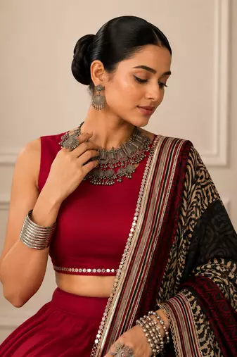 Maroon Navratri Reyon Lehenga Choli with Mirror Lace Work