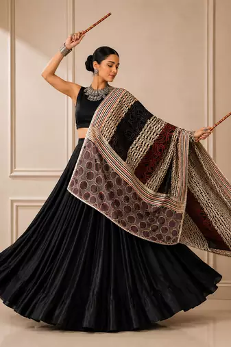 Black Navratri Reyon Lehenga Choli with Mirror Lace Work