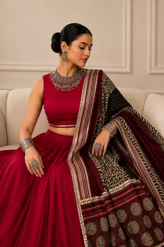 Maroon Navratri Reyon Lehenga Choli with Mirror Lace Work