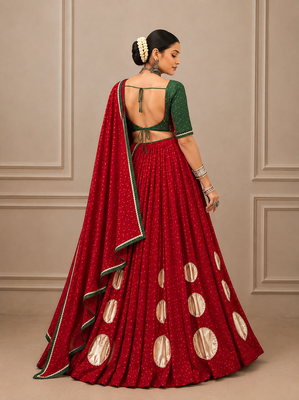 Navratri Red Bandhej Lehenga Choli with Gotta Work & Dola Silk Blend Blouse 3