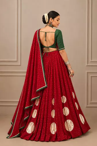 Navratri Red Bandhej Lehenga Choli with Gotta Work & Dola Silk Blend Blouse