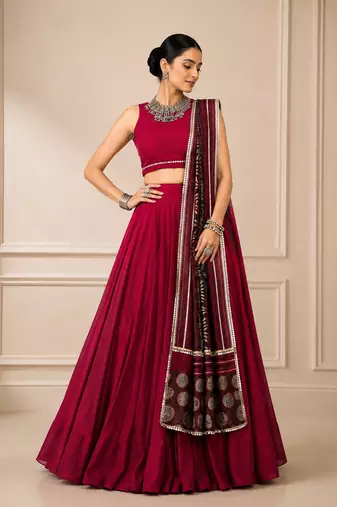 Wine Navratri Reyon Lehenga Choli with Mirror Lace Work