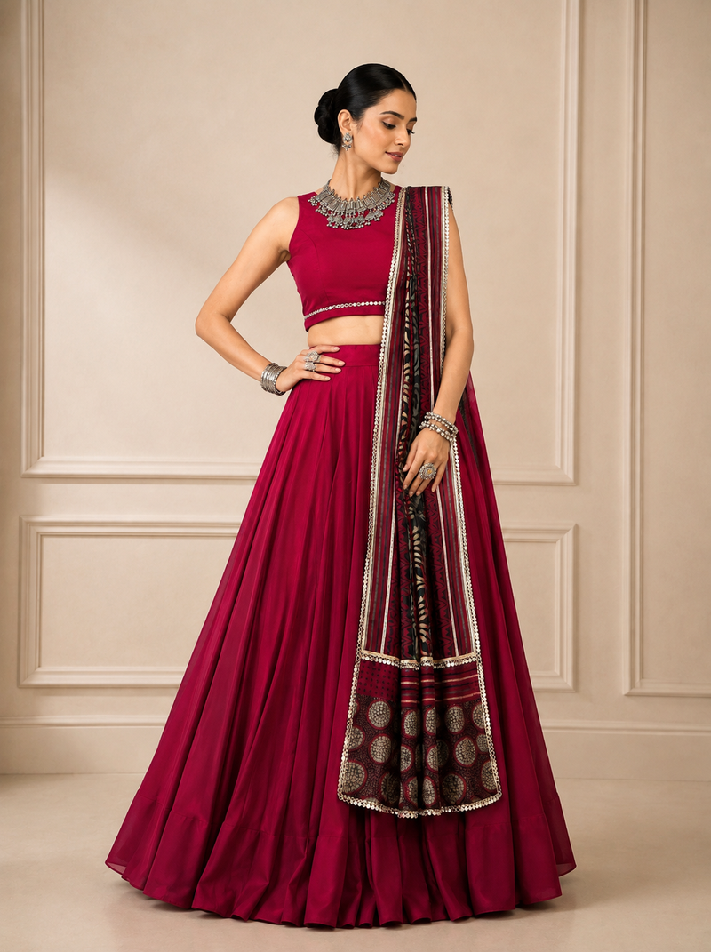 Wine Navratri Reyon Lehenga Choli with Mirror Lace Work