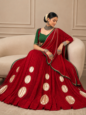Navratri Red Bandhej Lehenga Choli with Gotta Work & Dola Silk Blend Blouse 4