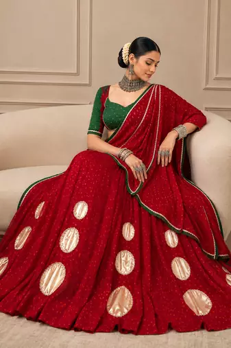 Navratri Red Bandhej Lehenga Choli with Gotta Work & Dola Silk Blend Blouse
