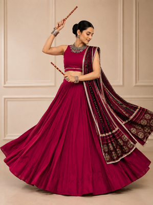 Wine Navratri Reyon Lehenga Choli with Mirror Lace Work 2