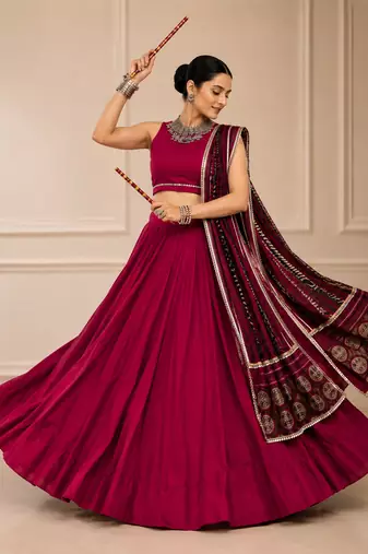 Wine Navratri Reyon Lehenga Choli with Mirror Lace Work