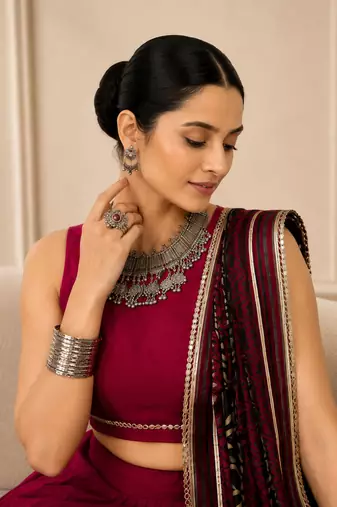 Wine Navratri Reyon Lehenga Choli with Mirror Lace Work