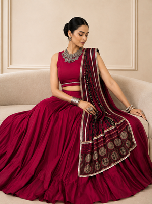 Wine Navratri Reyon Lehenga Choli with Mirror Lace Work 4
