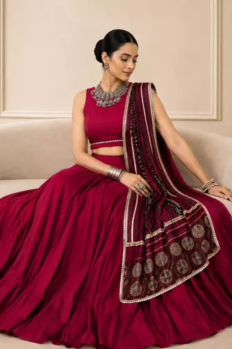 Wine Navratri Reyon Lehenga Choli with Mirror Lace Work