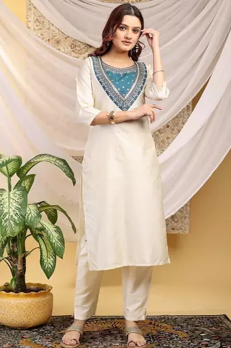 Cream-skyblue color embroidered art silk kurti set full stitched.