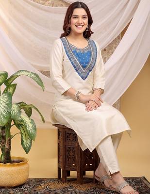Cream-skyblue color embroidered art silk kurti set full stitched. 2