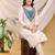 Cream-skyblue color embroidered art silk kurti set full stitched.