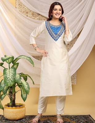 Cream-skyblue color embroidered art silk kurti set full stitched. 3