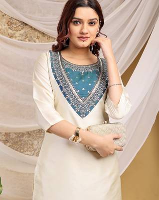 Cream-skyblue color embroidered art silk kurti set full stitched. 4