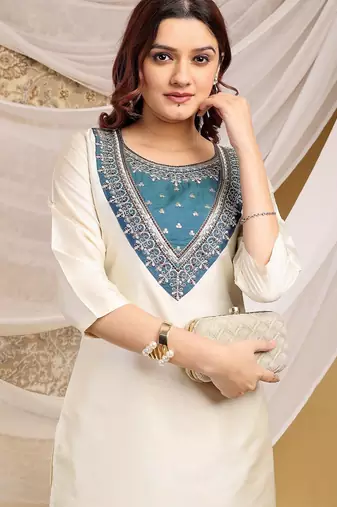 Cream-skyblue color embroidered art silk kurti set full stitched.