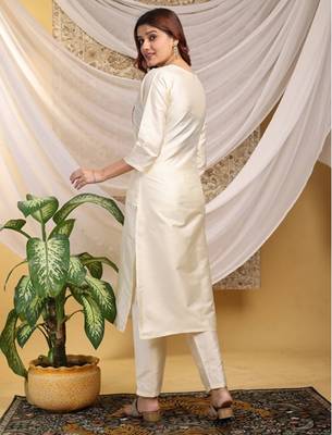 Cream-red color embroidered art silk kurti set  2